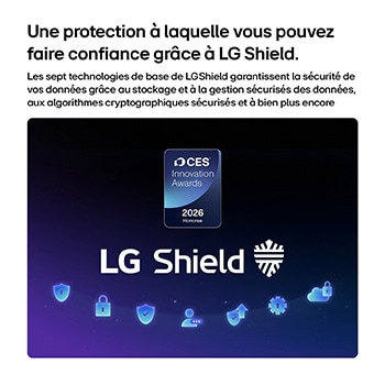 LG Shield, applied to LG QNED evo AI QNED85, is shown with an LG Shield logo at the center, security icons below, and a 2026 CES Innovation Awards Honoree badge above, representing data and system protection.